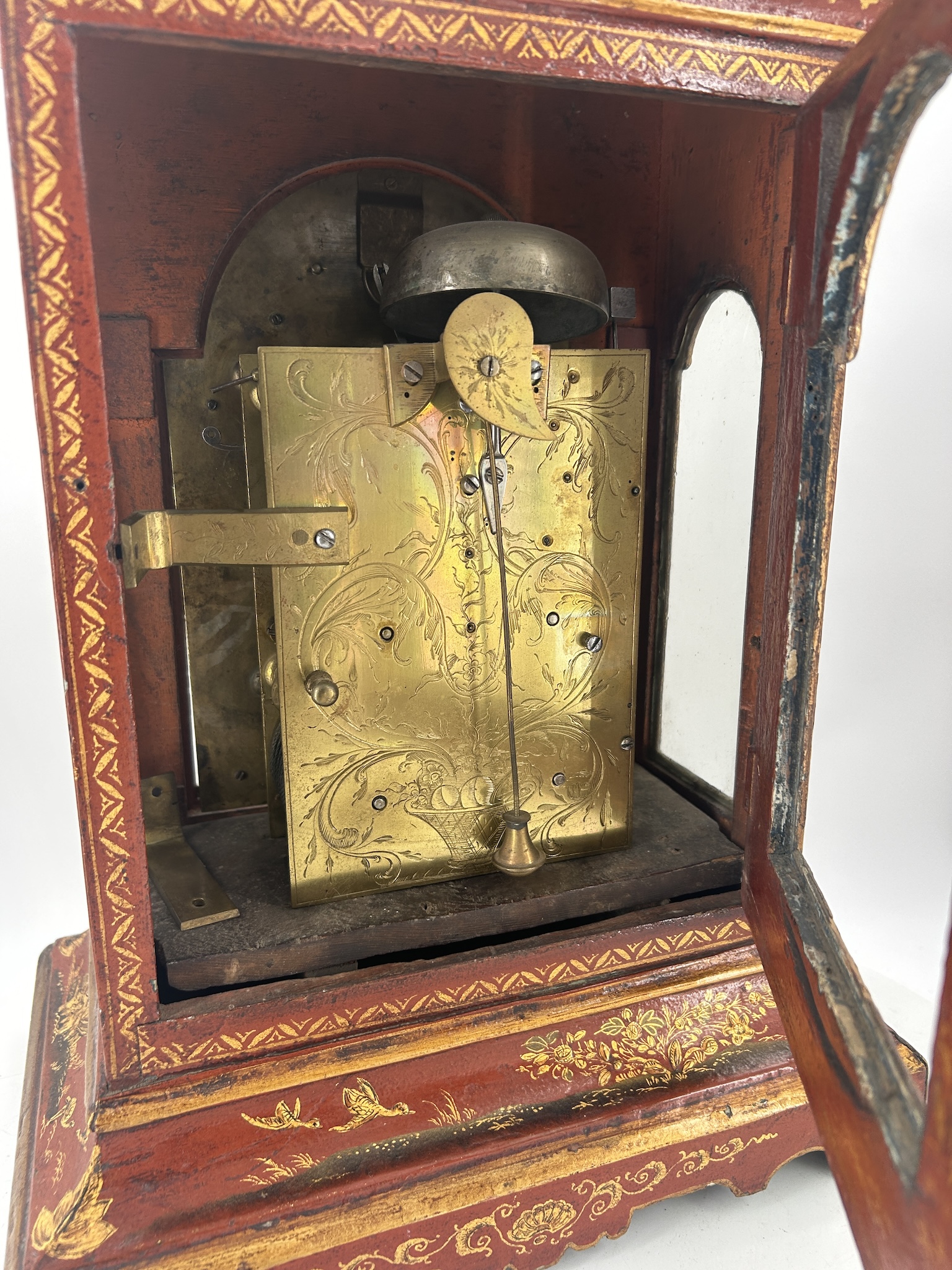 Outstanding Red Chinoiserie English Verge Twin Fusee Bracket Clock – Ca 1760 twin fusee Antique Clocks 13